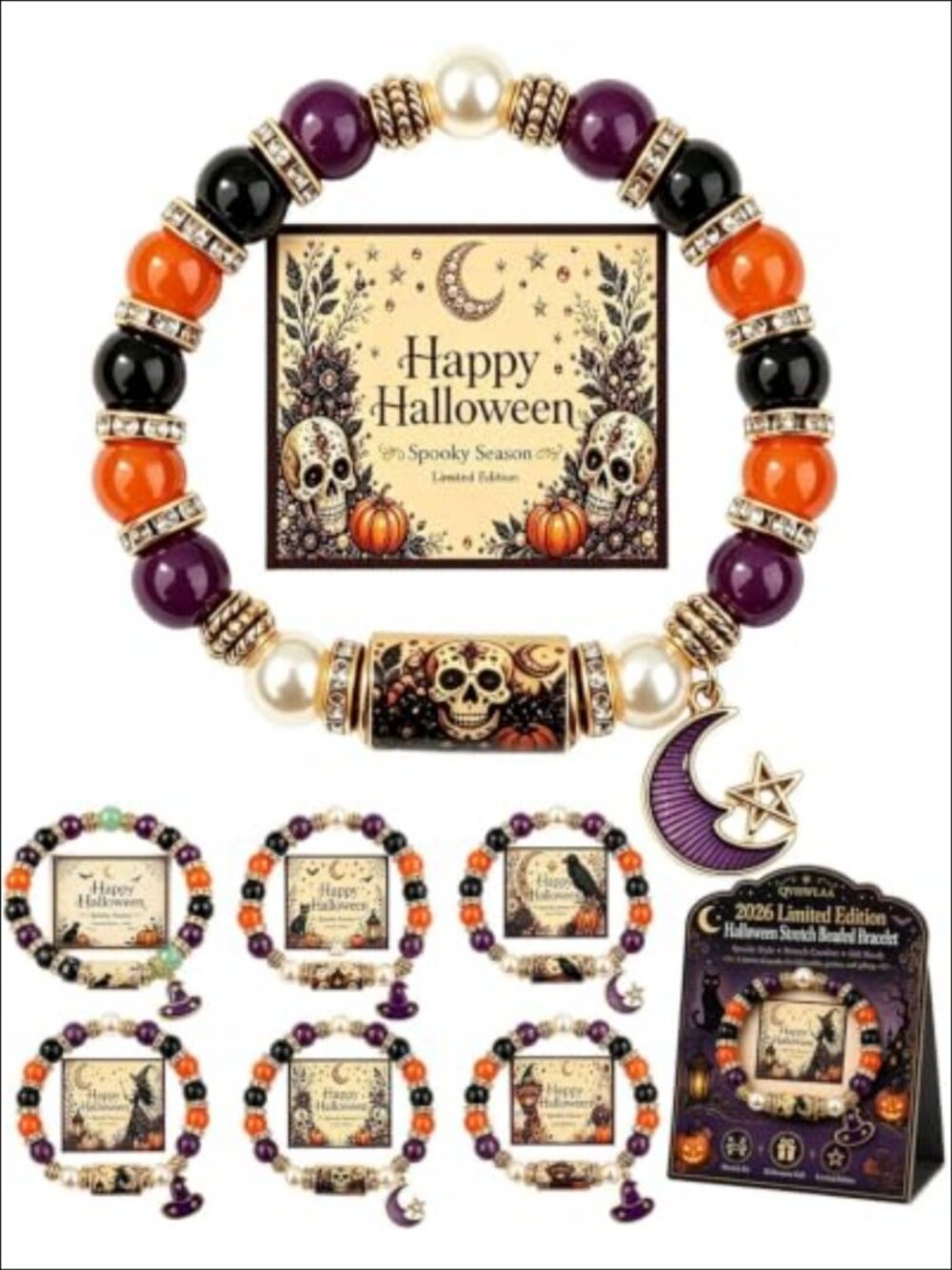 Halloween Stretch Beaded Bracelet Set Charm Stackable Gift 6pc